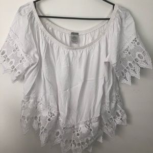 Bright white lace detailed off-the-shoulder blouse
